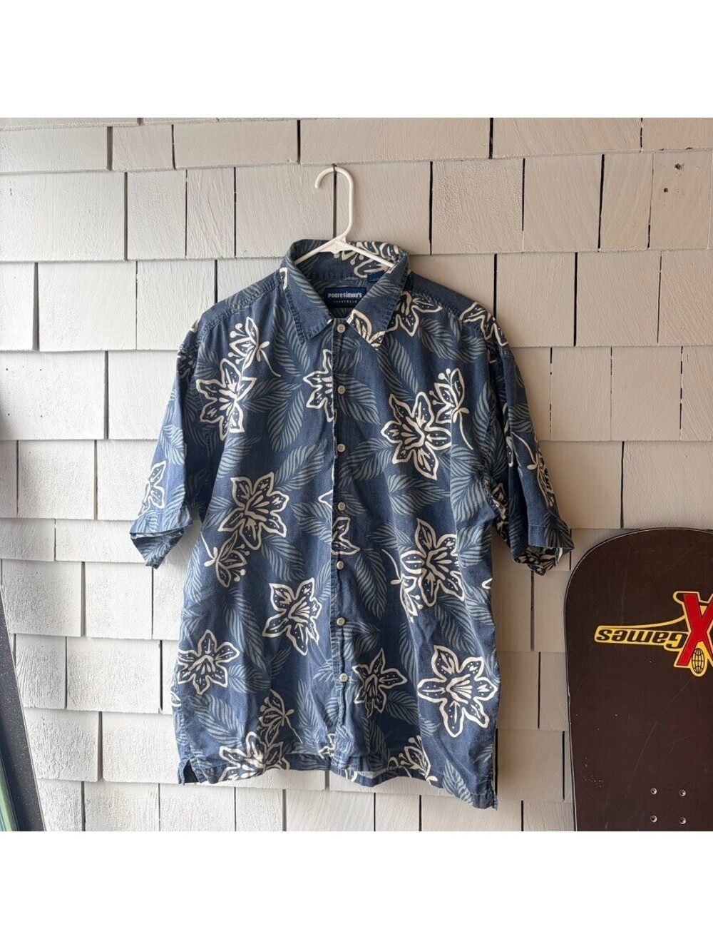 Vintage Poore Simons Hawaiian Shirt Mens Large Blue Floral Button Up 90s